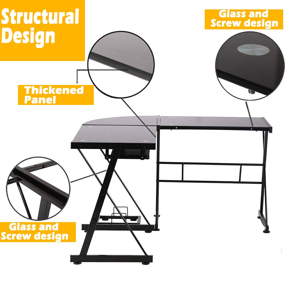 L-Shaped Computer Desk with Drawer - Black Glass Home Office Desk, Scratch-Resistant & Easy to Clean - Perfect for Gaming, Work, and Study Spaces