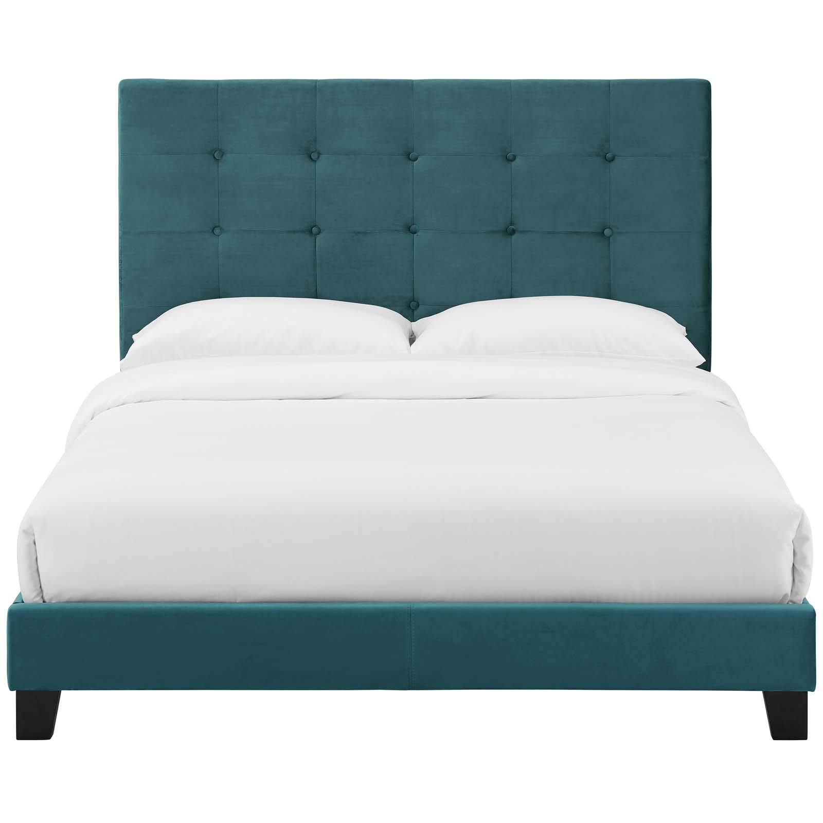 Modern Urban Designer Full Size Platform Bed Frame - Velvet Fabric Upholstered, Navy Blue - Perfect for Contemporary Bedrooms & Small Spaces