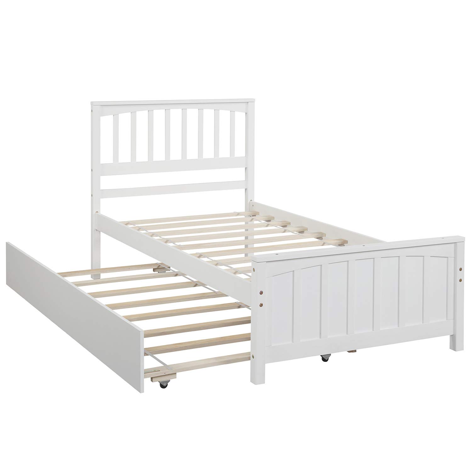MERITLINE Twin Size Kids Bed with Trundle - White Platform Bed with Headboard & Footboard for Boys & Girls - No Box Spring Needed - Perfect for Small Bedrooms, Guest Rooms & Kids' Sleepovers