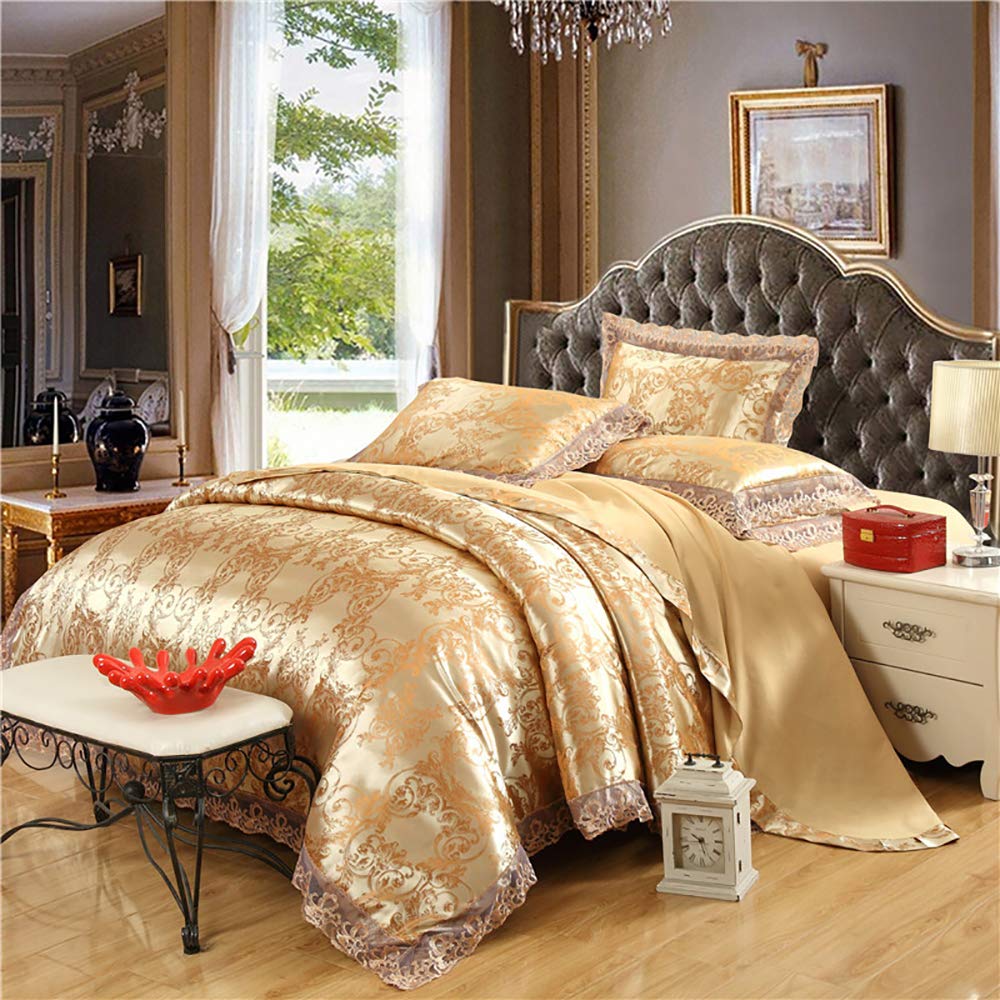 Luxury FACAI Silk Bedding Set - King/Queen Size Satin Duvet Cover with Pillowcases, 4-Piece Jacquard Pattern Set (Gold) | Soft Silk-Cotton Blend with Elegant Lace Trim | Perfect for Master Bedroom, Guest Room & Luxury Hotel Decor