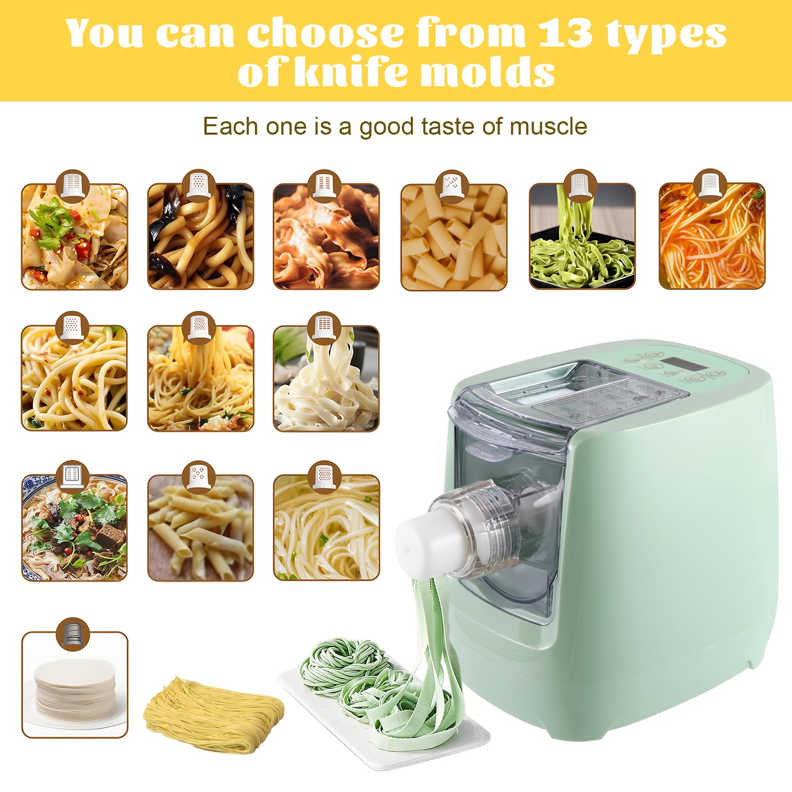 Automatic Electric Pasta Maker Machine with 13 Discs - Spaghetti, Fettucine & Noodle Maker for Home Kitchen | Includes Measuring Cups & Flour Cup | Perfect for Italian Cuisine, Family Dinners & Homemade Pasta Lovers