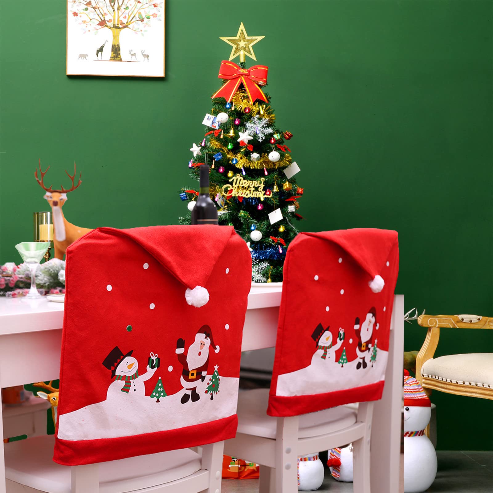 Qubjus 4 Pack Christmas Chair Covers - Santa Snowflake Snowman Slipcovers for Dining Room, Kitchen & Restaurant Holiday Decor | Perfect for Christmas Parties, Home Decor & Festive Gatherings