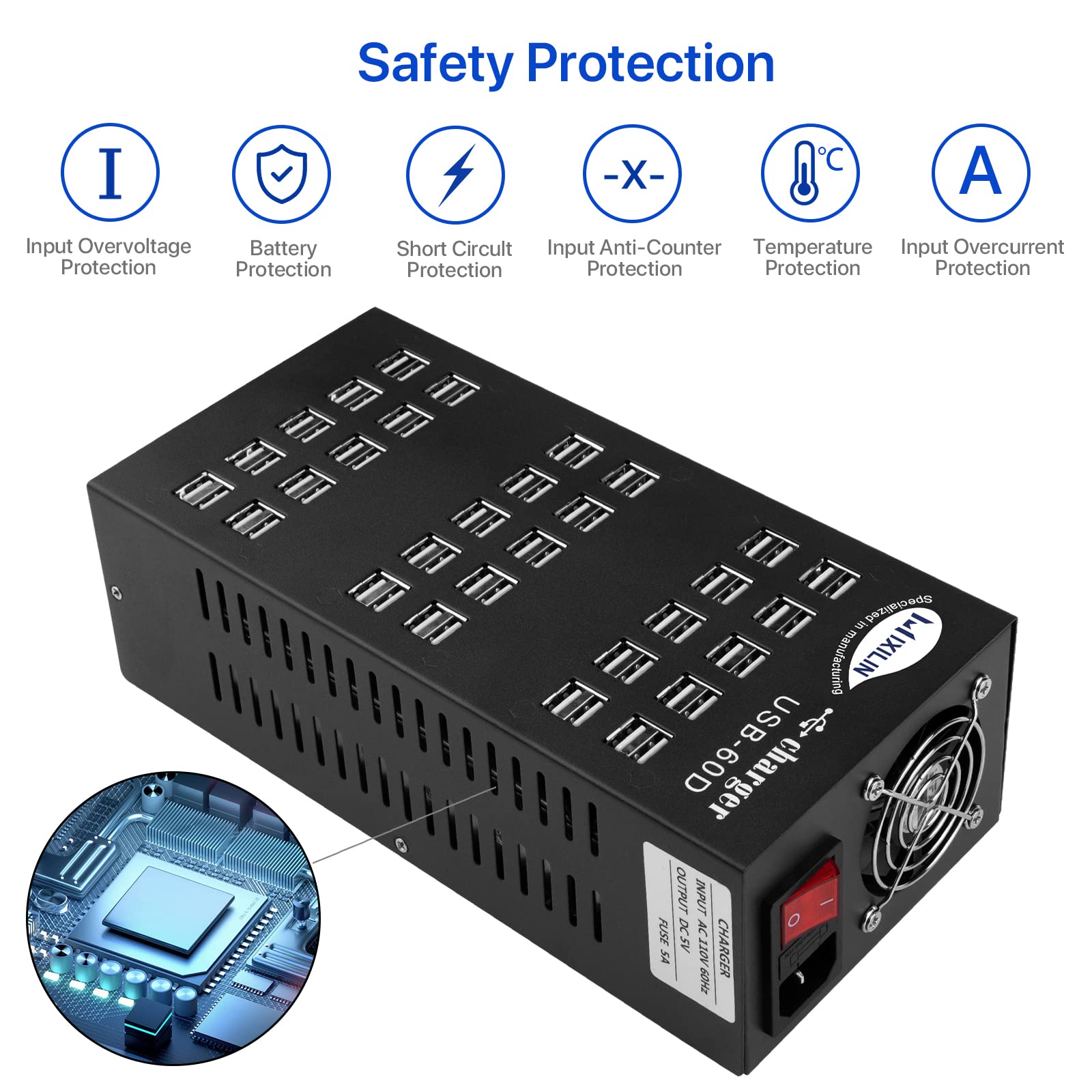 60-Port USB Charging Station 300W/60A with Intelligent Protection - Multi-Port USB Hub for Smartphones, Tablets, iPads - Perfect for Schools, Hotels, Offices & Home Charging Needs