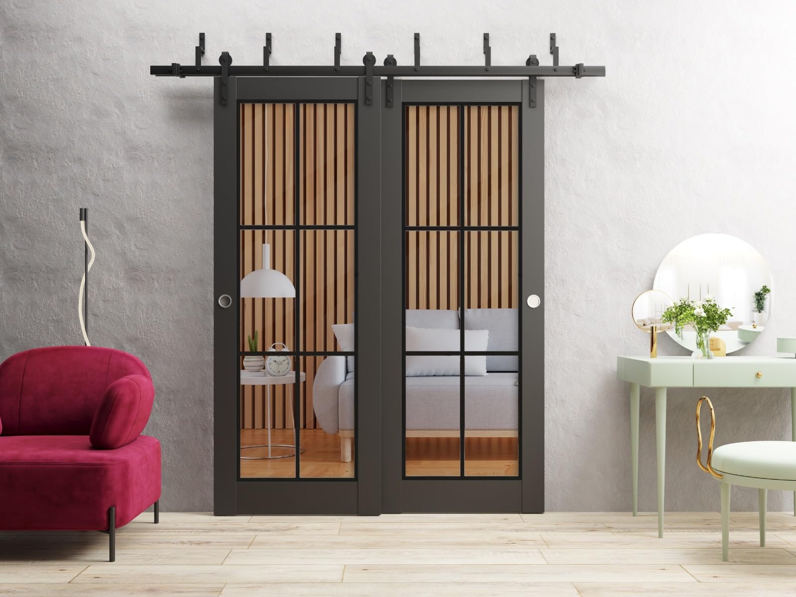 Lucia 2366 Matte Black Slab Barn Door with Clear Glass Panel - Premium Sturdy Sliding Closet Doors for Bedroom, Bathroom & Home Office