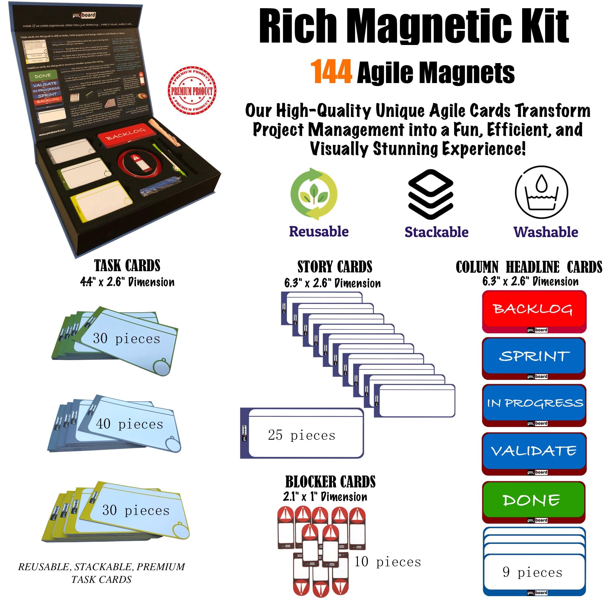 PMXBoard Agile Management Set Plus - 156-Piece Scrum & Kanban Board Kit for Project Management | Magnetic Scrum Cards & Kanban Cards | Complete Agile Project Management Tool Set | Perfect for Team Collaboration, Sprint Planning & Workflow Visualization