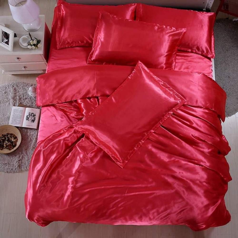 Luxury Satin Bed Sheet Set - Double-Sided Cooling Tencel Silk Quilt Cover, 4-Piece King Size (220x240cm), Brick Red - Perfect for Summer & All-Season Comfort