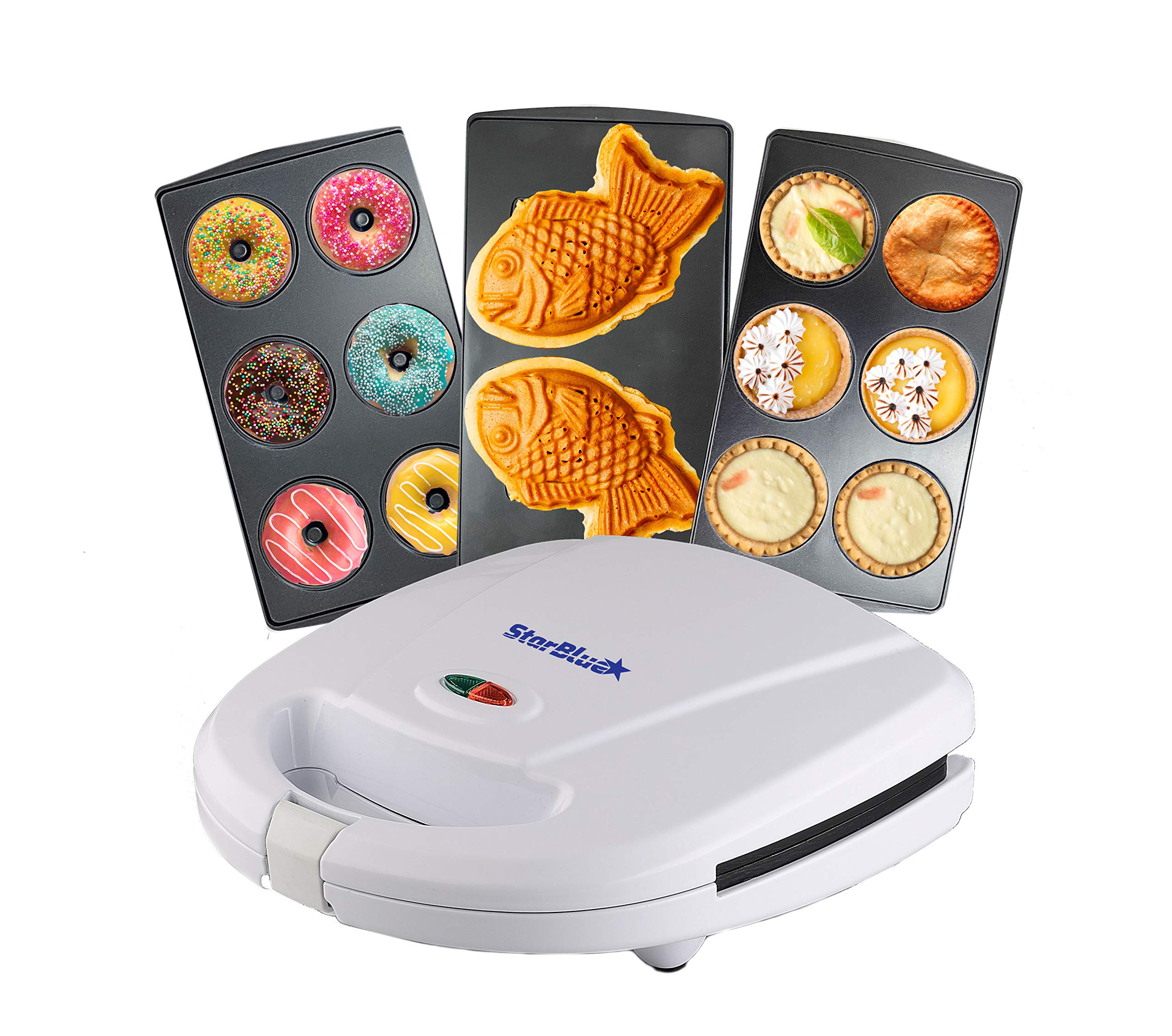StarBlue 3-in-1 Mini Dessert Maker - Make Mini Donuts, Pies, Quiches & Taiyaki Cakes | 700W Detachable Non-Stick Electric Baker with 3 Cooking Plates (110V, White) | Perfect for Home Baking, Party Snacks & Kids Treats