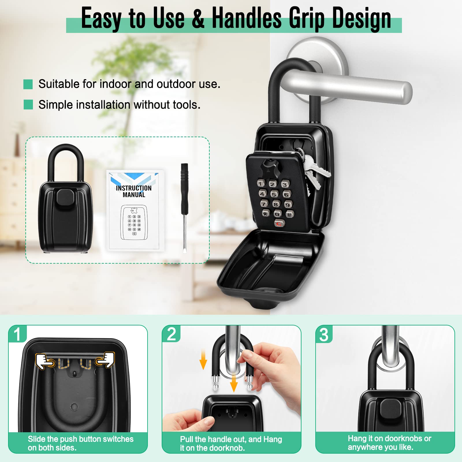 HUANLANG 12-Digit Combination Key Lock Box - Waterproof Outdoor Key Safe with Resettable Code - Secure Key Storage for Home, Garage, Office - Perfect for Vacation Rentals, Airbnb Hosts & Property Management