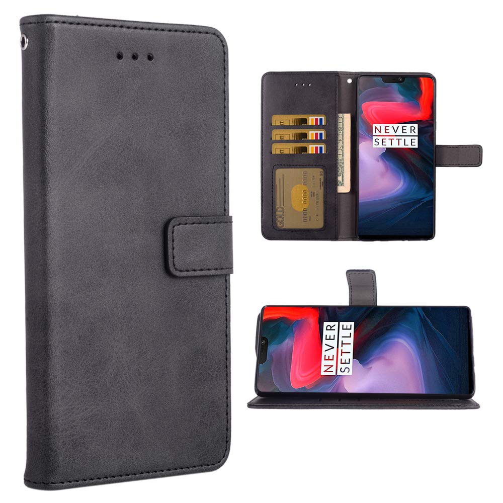 Premium Leather Wallet Case for OnePlus 6 - Flip Cover with Card Holder & Stand | Compatible with OnePlus 6 A6000 | Stylish Folio Phone Case for Men & Women (Black) | Perfect for Business, Travel & Everyday Use