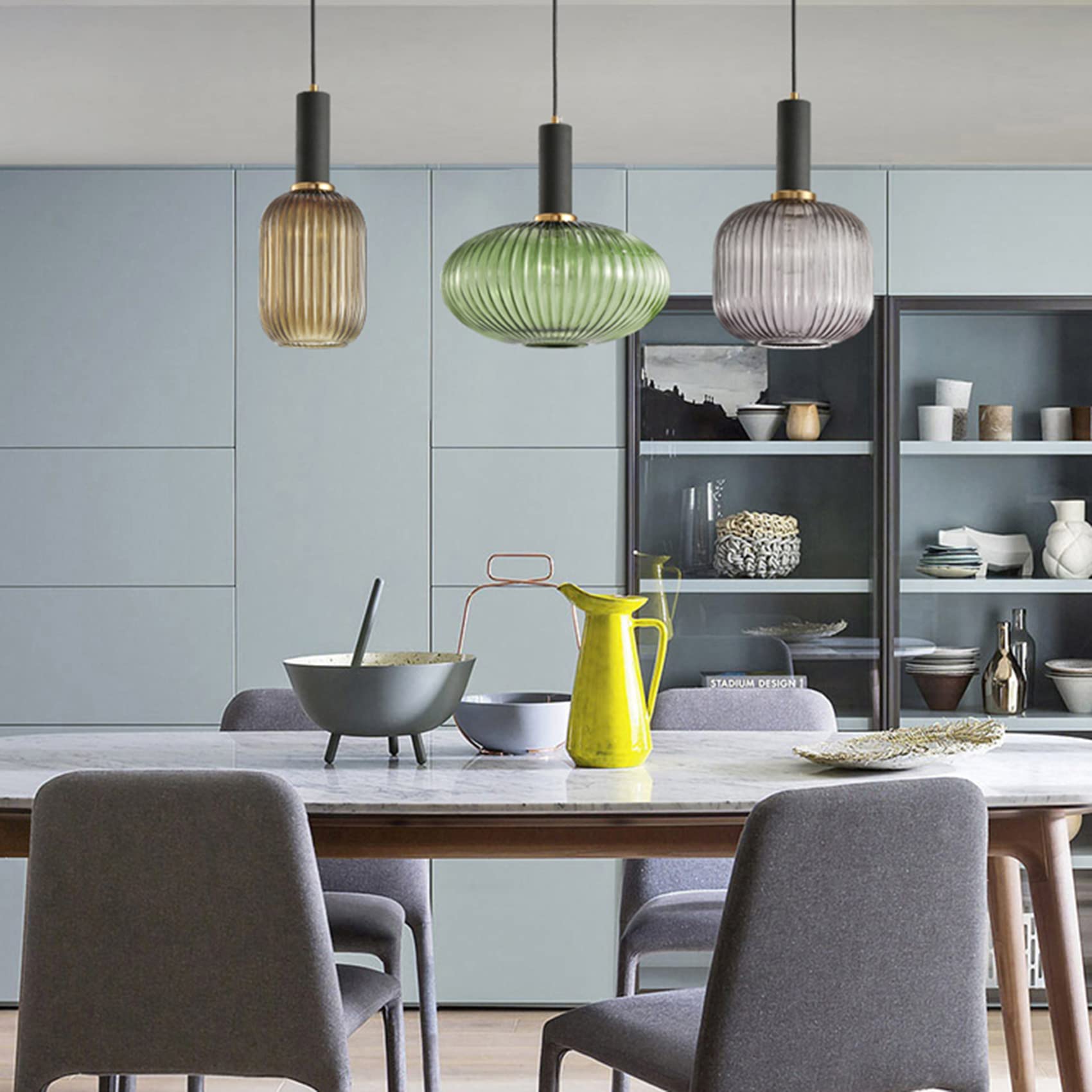 Modern Black Pendant Light with Striped Glass Shade - Farmhouse Kitchen Island Hanging Fixture for Dining Room, Living Room, or Bedroom (Large, Green)