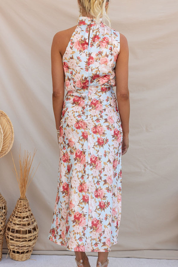 Floral Halter Neck Maxi Dress with Elastic Waist - Perfect for Wine Country Dates, Summer Weddings & Beach Vacations