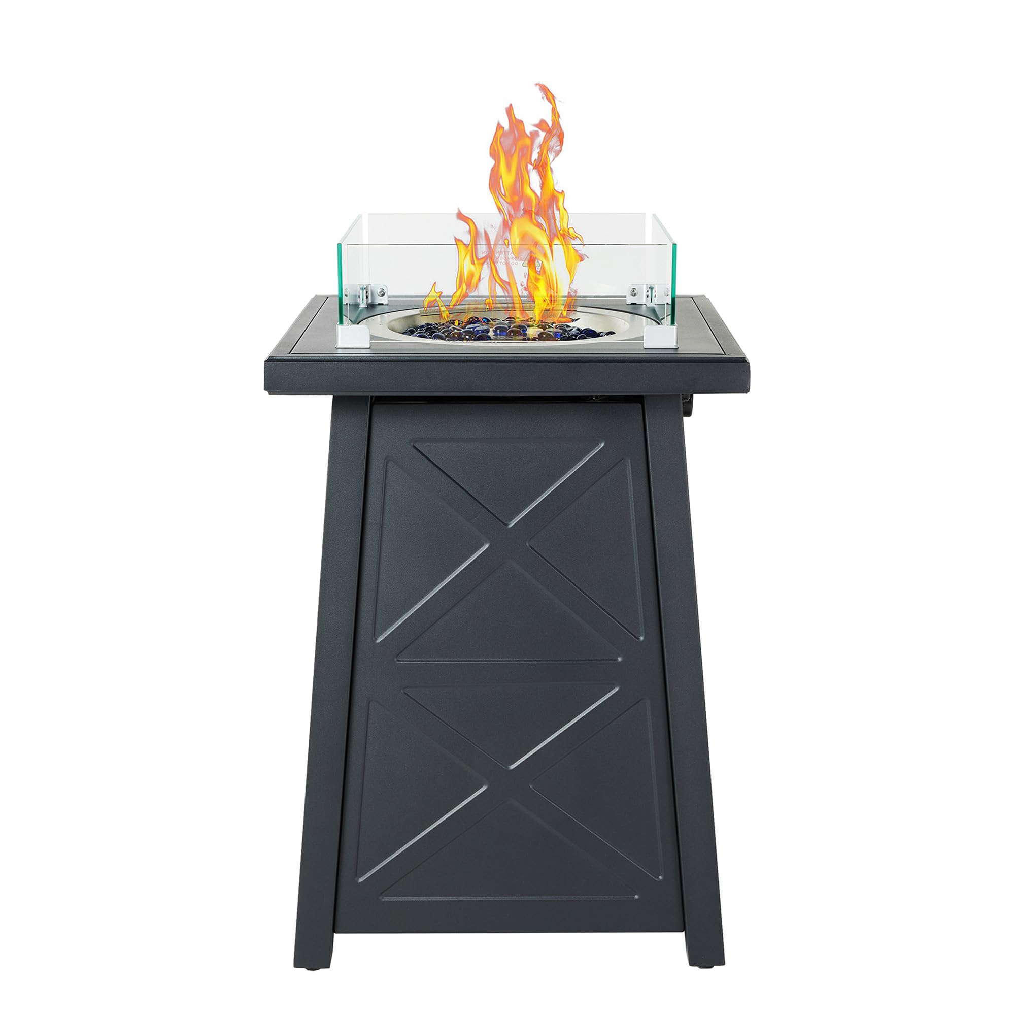 19.5 Inch Steel Outdoor Gas Fire Pit - 40,000 BTU Modern Patio Fireplace with Glass Rocks, Cover & Wind Guard - Perfect for Backyard, Deck, Garden & Poolside Gatherings
