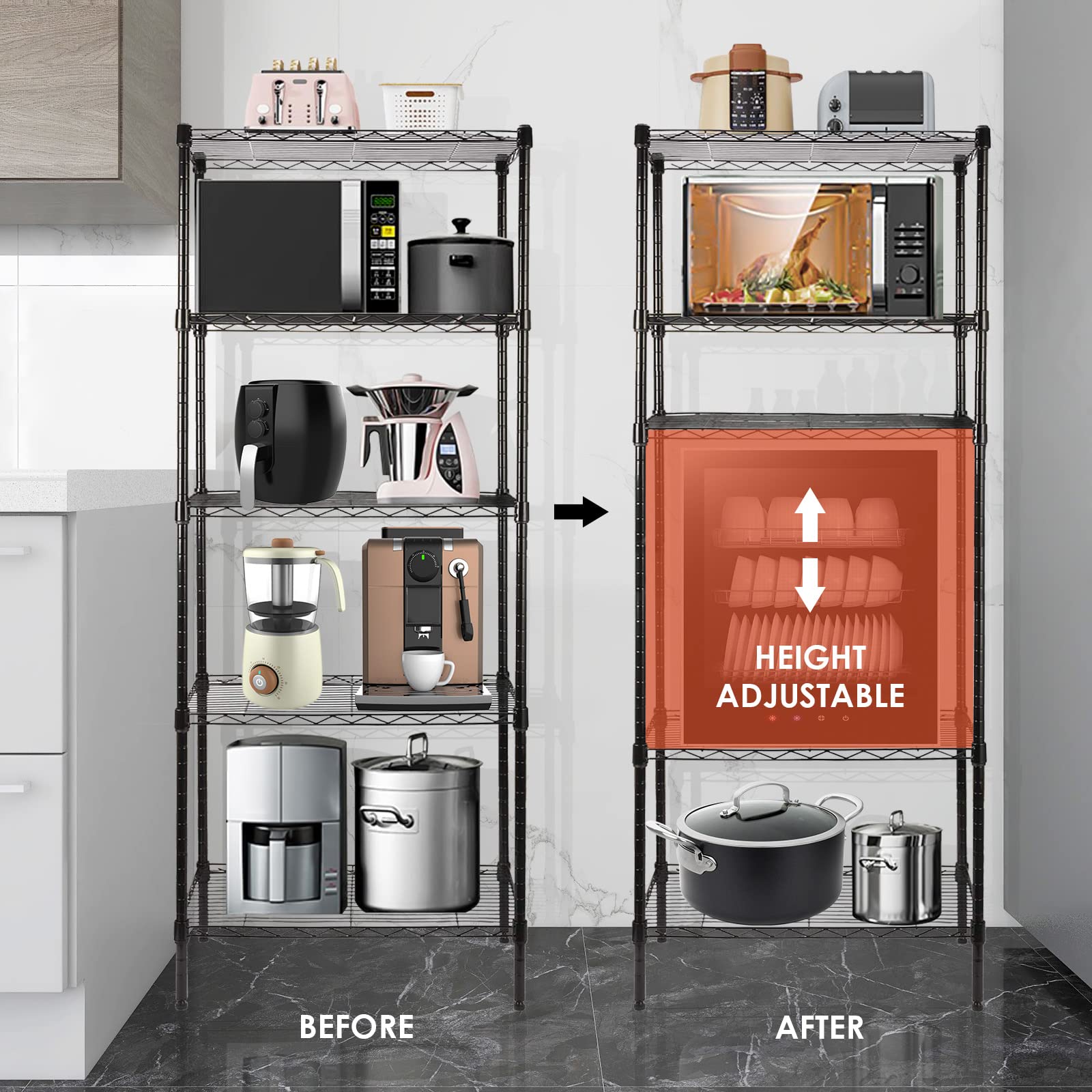 5-Tier Adjustable Wire Shelving Unit - Heavy Duty Metal Storage Rack for Kitchen, Pantry, Laundry, Bathroom & Garage Organization (11.4