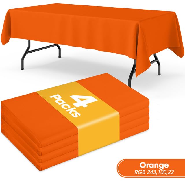 Orange Plastic Tablecloth 4 Pack - 54'' x 108'' Disposable Rectangle Table Cover for 6ft Tables | Perfect for Holiday Parties, Family Gatherings & Outdoor Events