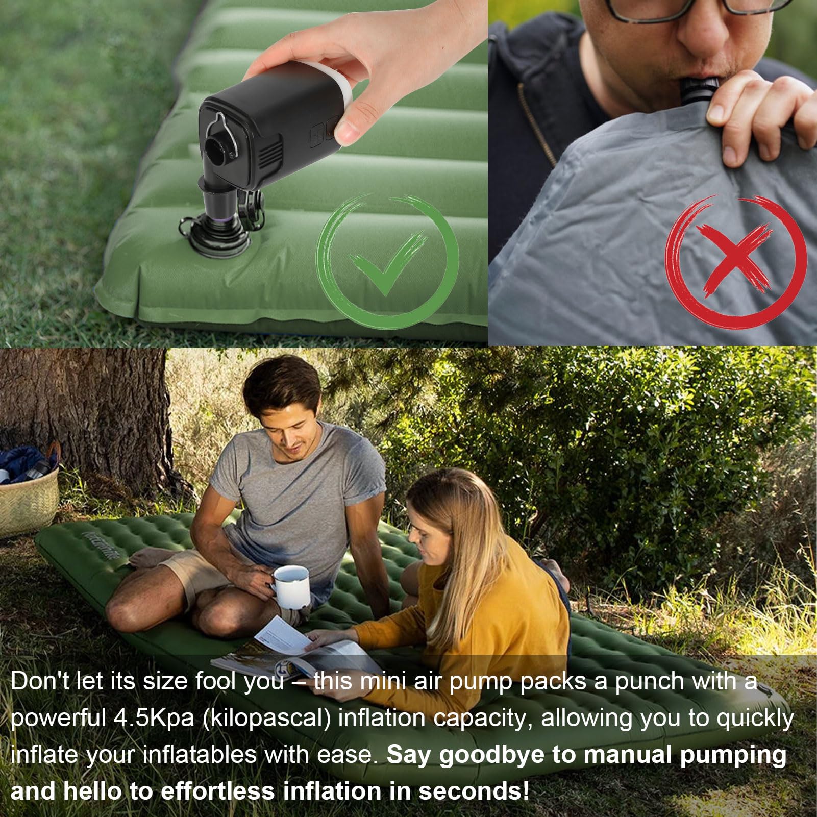 Portable Air Pump 4.5Kpa - Mini Rechargeable Electric Pump for Inflatable Mattress, Boat, Pool Floats & Vacuum Bags - 4000mAh Battery with LED Light - Fast Inflation & Deflation - Perfect for Camping, Travel & Home Storage