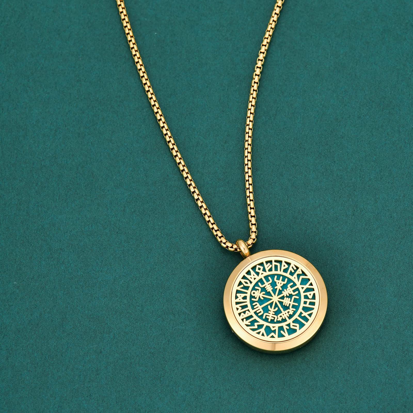 Norse Vikings Amulet Essential Oil Diffuser Necklace - Stainless Steel Aromatherapy Locket for Women - Gold Scent Jewelry for Stress Relief, Yoga & Meditation Accessories