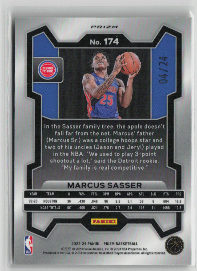 2023-24 Panini Prizm Marcus Sasser Rookie Card Gold Sparkle #174/24 - NBA Collectible for Trading & Display