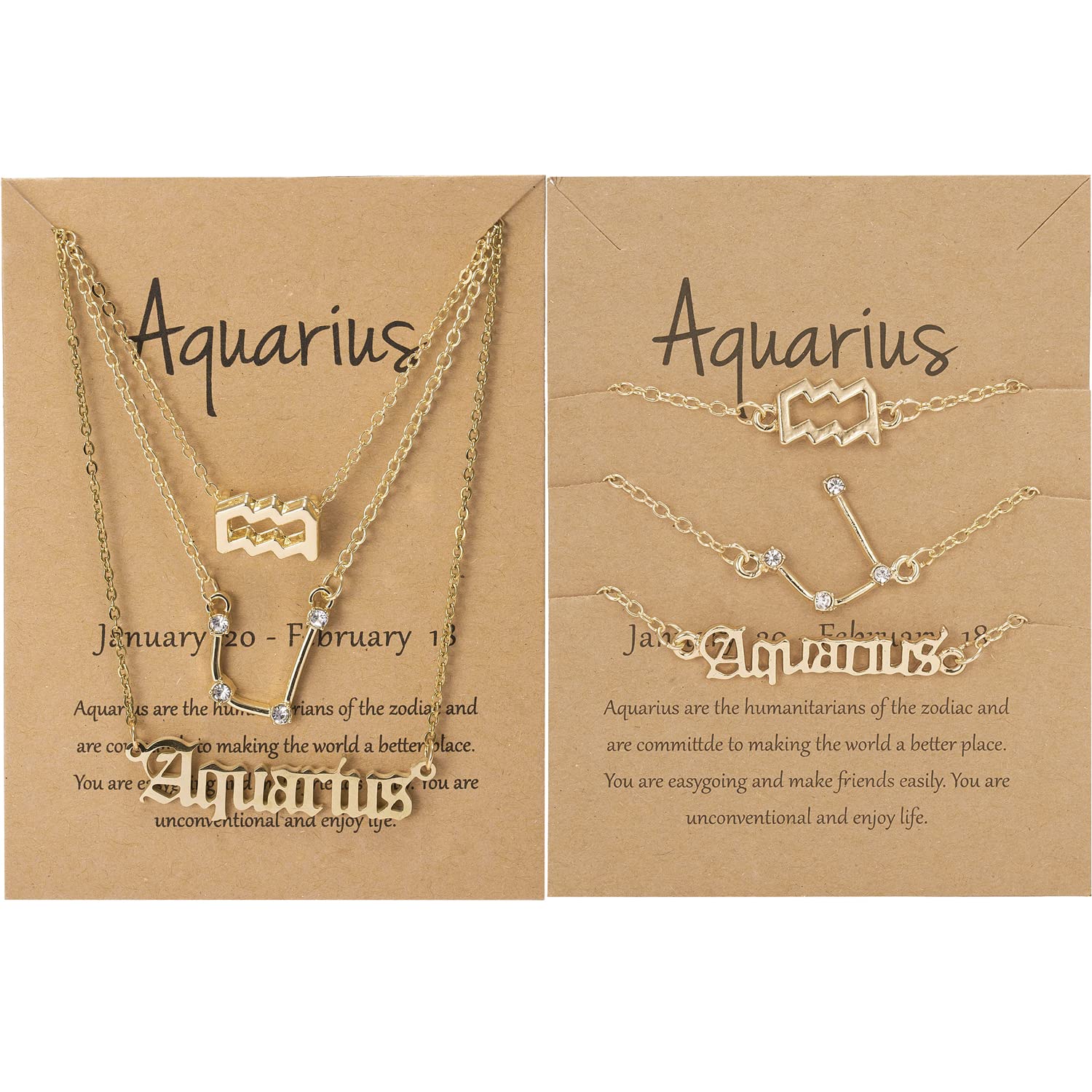 6Pcs Zodiac Necklace & Bracelet Set - 12 Constellation Gold Jewelry for Women | Horoscope Sign Pendant Necklace & Bracelet | Birthday Gift for Teen Girls with Message Card | Perfect for Daily Wear, Parties & Special Occasions