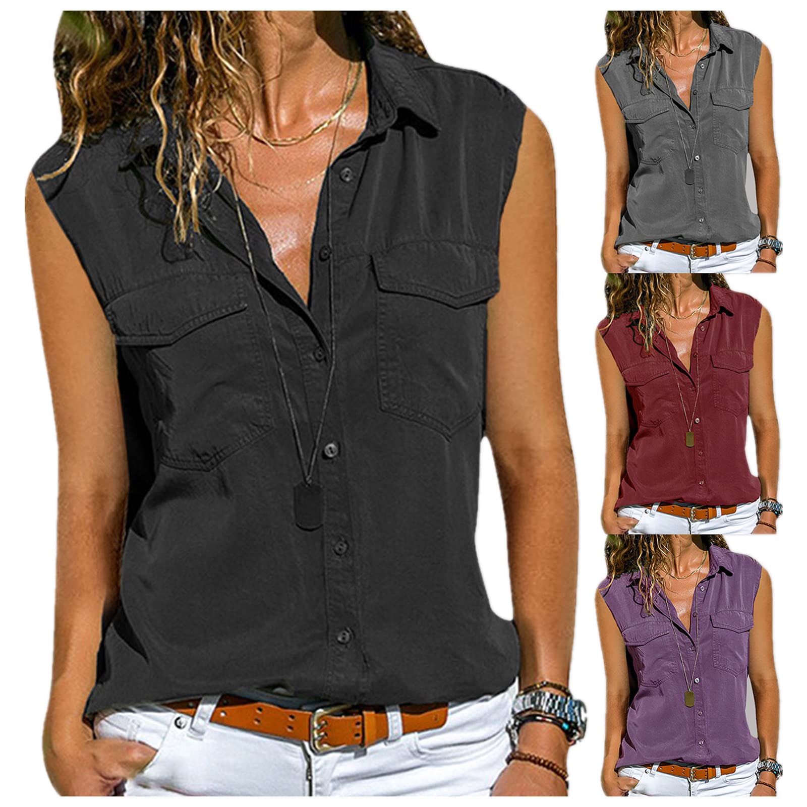 Women's Summer Casual Sleeveless Button-Down Shirt - Solid Color Turn Down Collar Top with Pockets | Perfect for Beach Outings, Office Wear & Summer Vacations