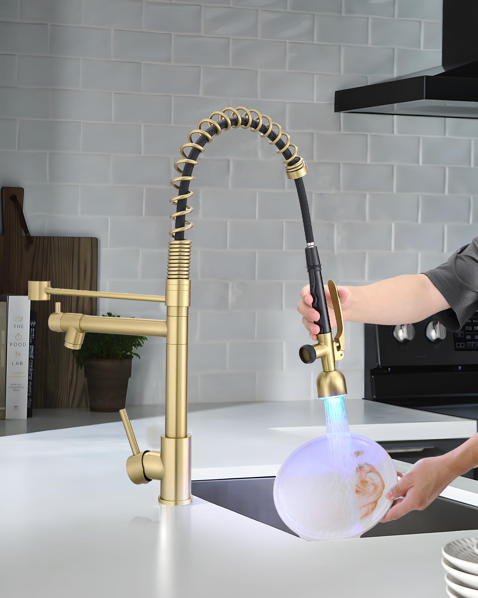 Fapully Single Handle High Arc Brushed Gold Pull Down Kitchen Faucet with LED, Modern Kitchen Sink Faucet with Pull Down Sprayer for Home and Commercial Use