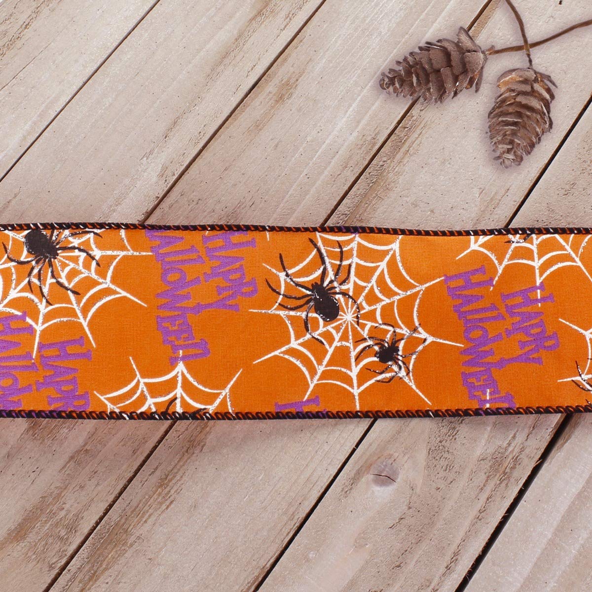 Happy Halloween 2 1/2 Inch Wired Orange Ribbon with Spider Design - 25 Yards Bulk Roll for Halloween Decorations, Gift Wrapping, Party Favors & DIY Crafts