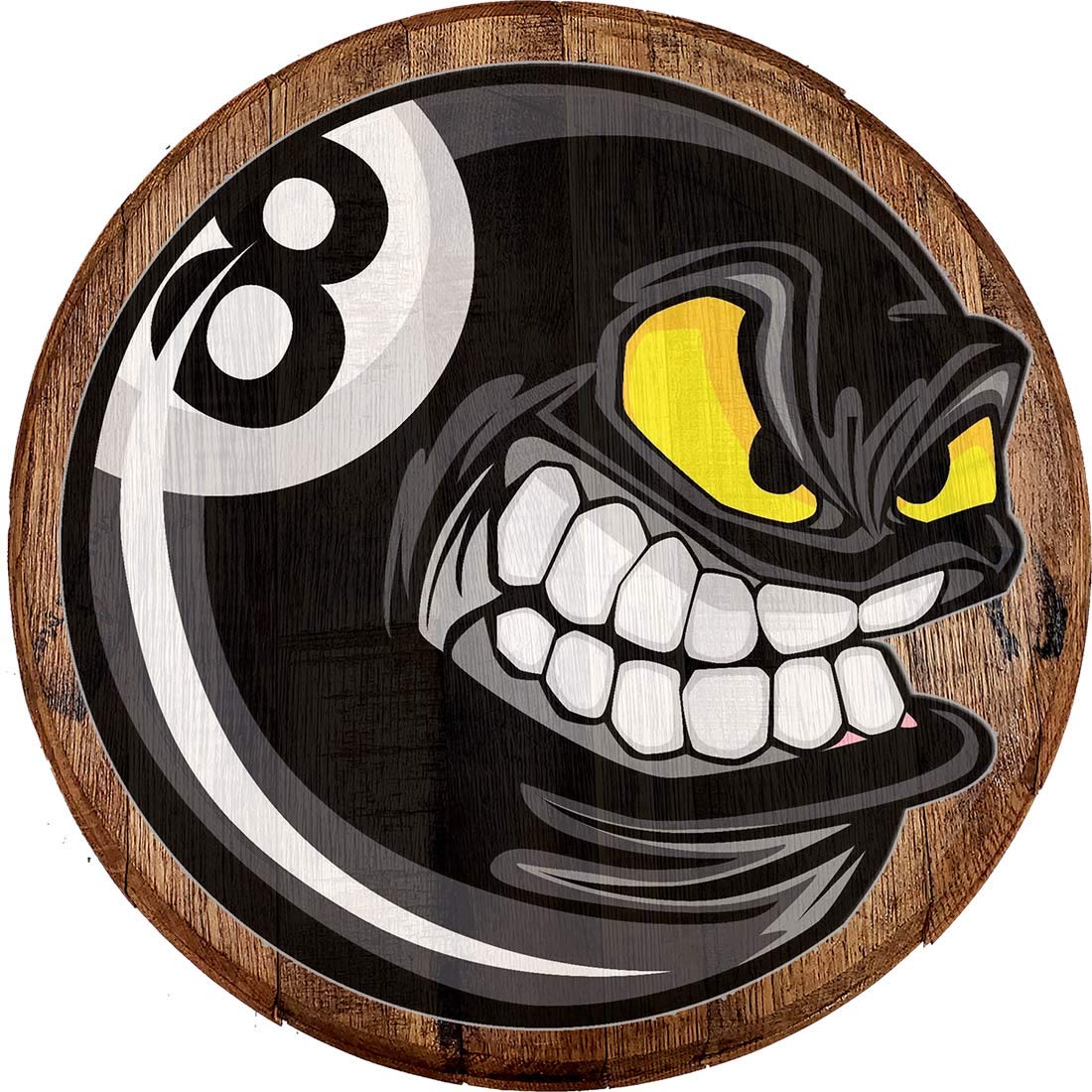 Reclaimed Whiskey Barrel Head - Cartoon Angry 8 Ball Billiards Wall Decor - Rustic Bar Sign for Man Cave, Game Room & Pub Decor - Perfect for Sports Bars & Basement Hangouts