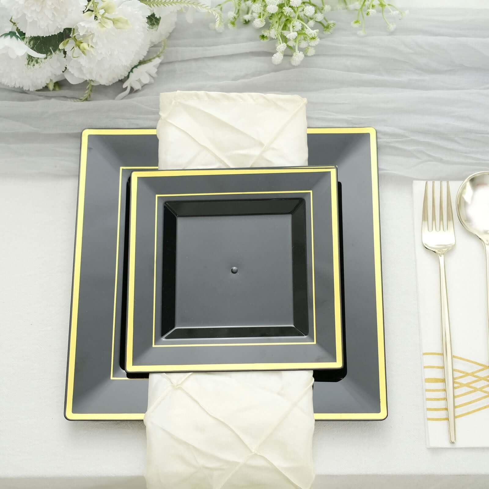 Efavormart 7 Inch Gold Trim Black Square Plastic Plates - 10 Pack for Salad, Dessert, Party, Wedding & Catering Events