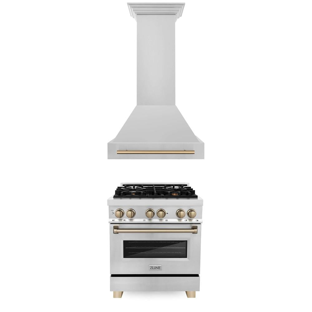 ZLINE Autograph Edition 30-inch Stainless Steel Dual Fuel Range with Range Hood - Champagne Bronze Accents (2AKP RARH30 CB) | Professional Kitchen Upgrade for Home Chefs & Culinary Enthusiasts
