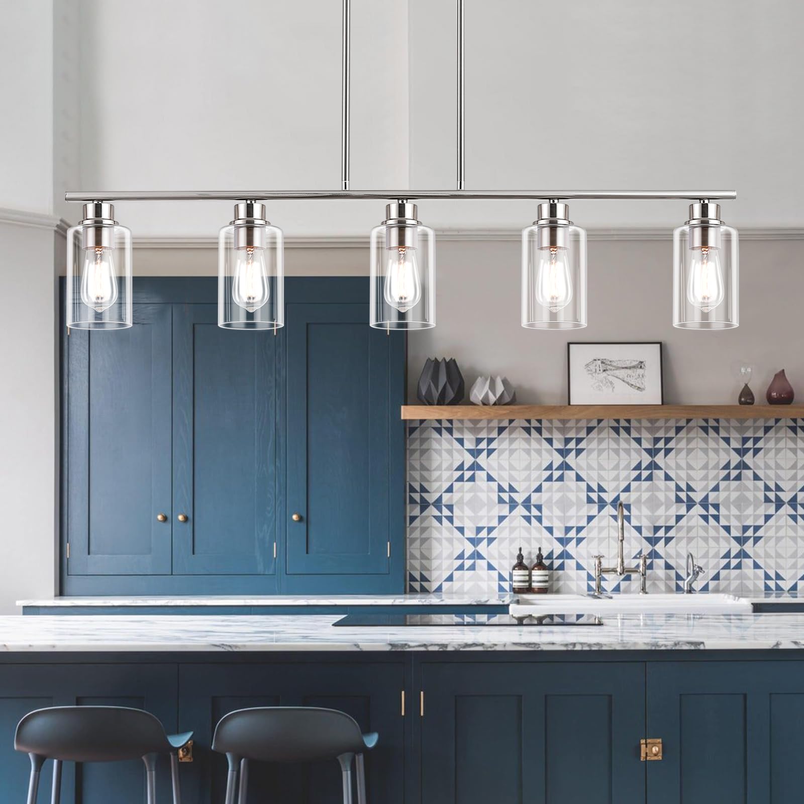 5-Light Farmhouse Pendant Lighting for Kitchen Island - Brushed Nickel with Clear Glass Shade - Perfect for Dining Room, Living Room & Kitchen Decor