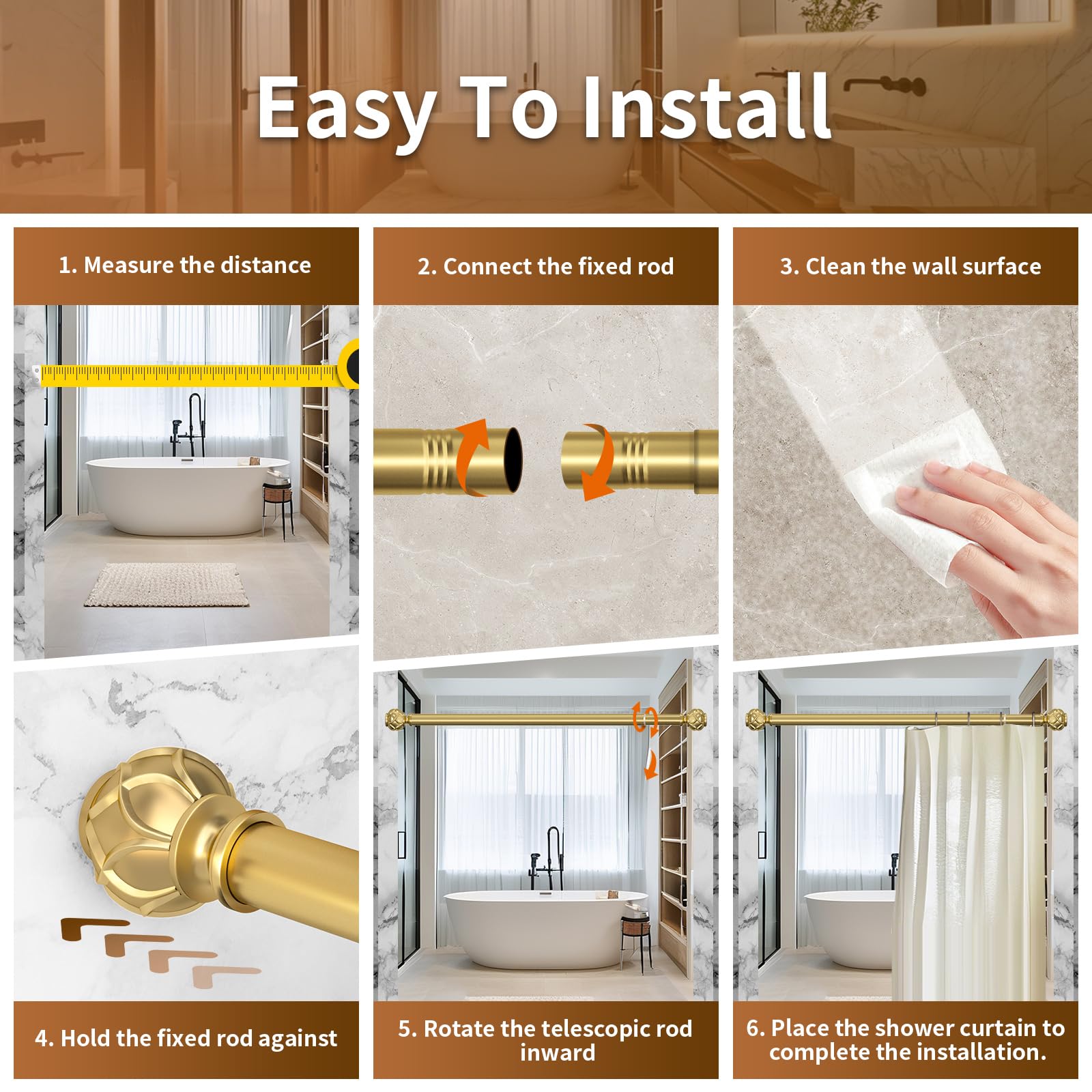 Adjustable Gold Tension Shower Curtain Rod 36-84 Inches (3-7 Feet) - No Drill Rustproof Bathroom Shower Rod with Spring Tension & Non-Slip Grip - Perfect for Small Spaces, Apartments, and Rental Homes