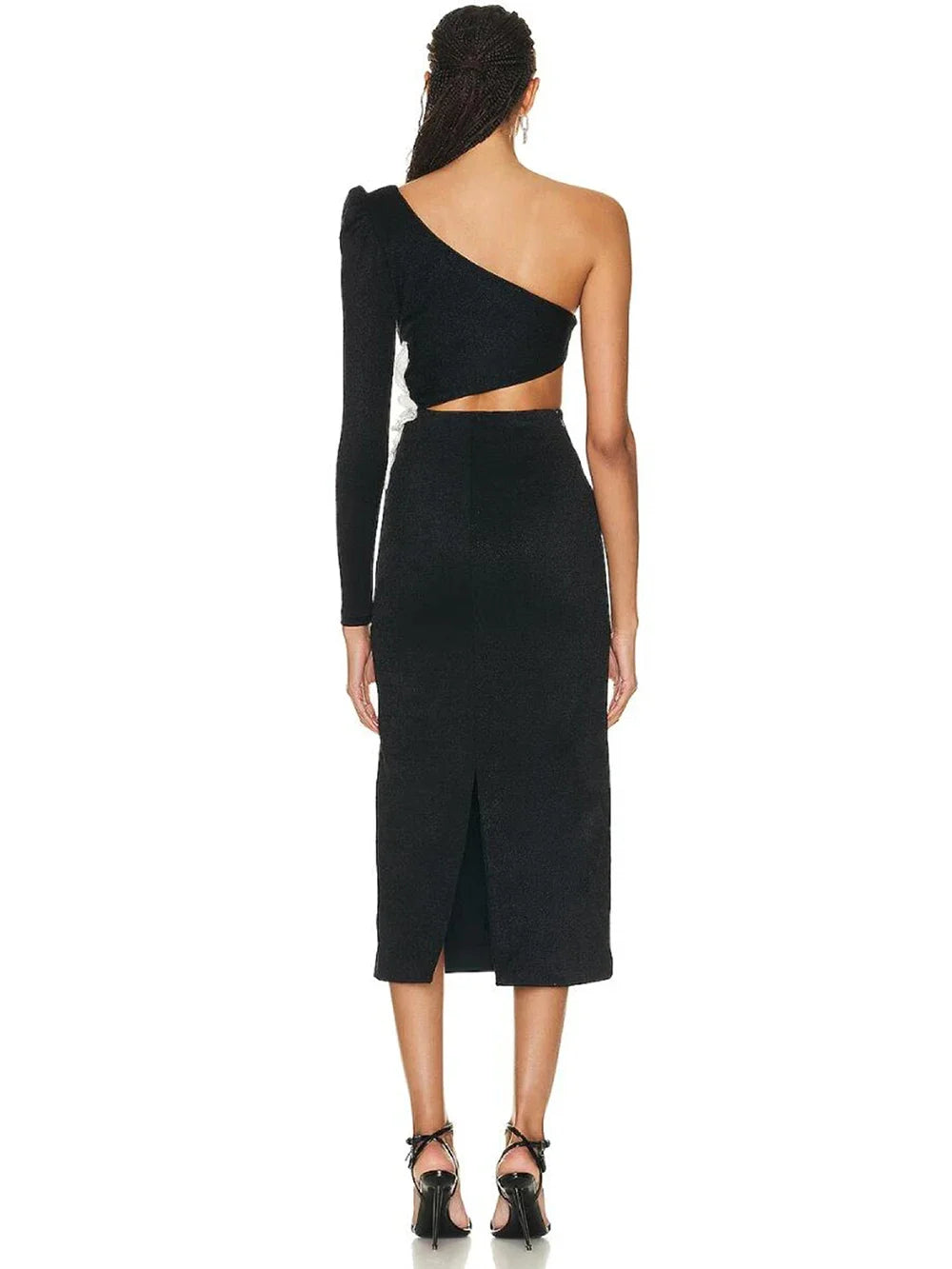 2023 Sexy One Shoulder Long Sleeve Bandage Midi Dress for Women - Floral Lace Hollow Out Bodycon Party Dress for Evening, Club, Date Night & Special Occasions