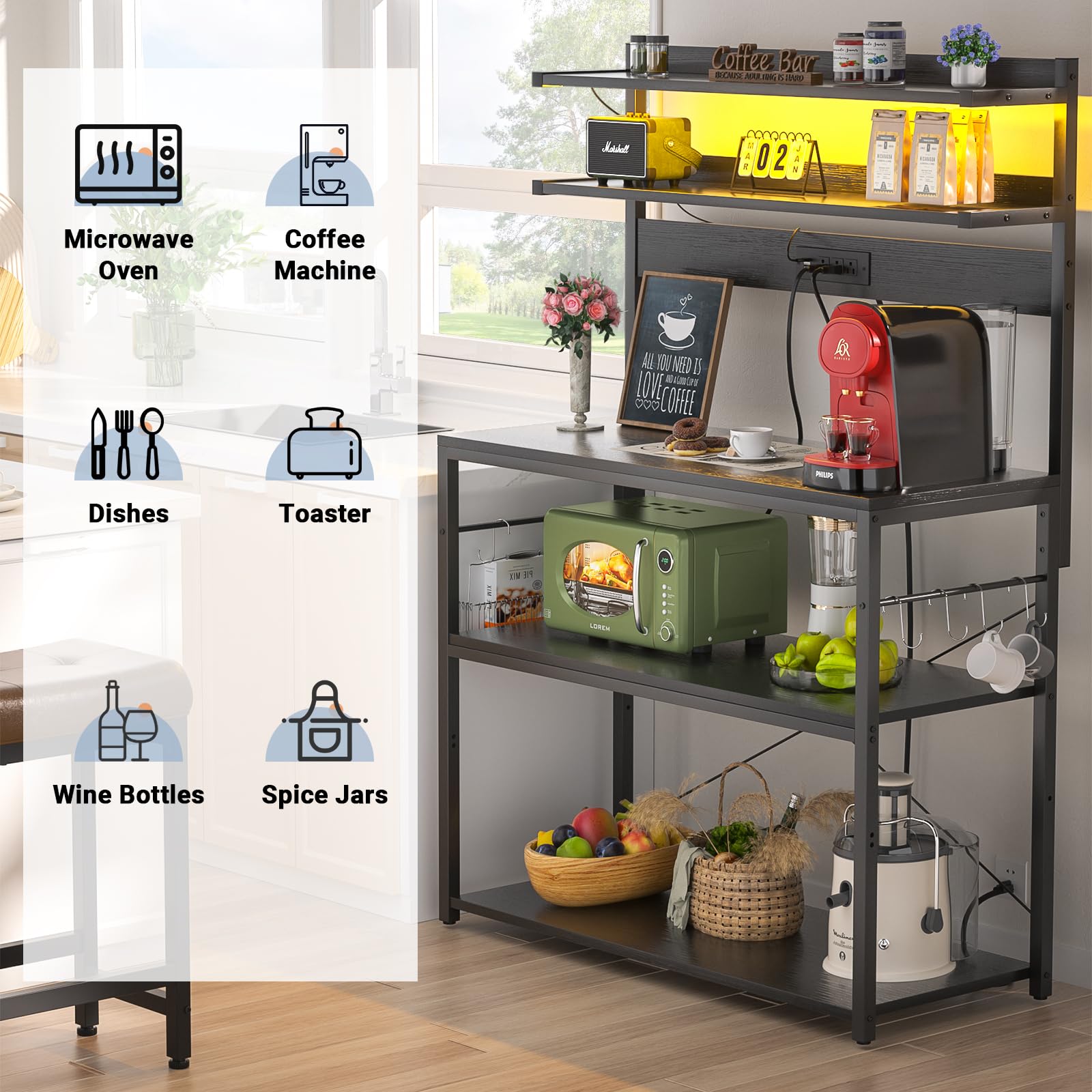 Aheaplus 5-Tier Bakers Rack with Power Outlet & LED Lights - Microwave Stand, Kitchen Storage Shelf with 6 S-Hooks - Perfect Coffee Bar Station for Small Spaces, Kitchen Organization & Home Decor (Black)