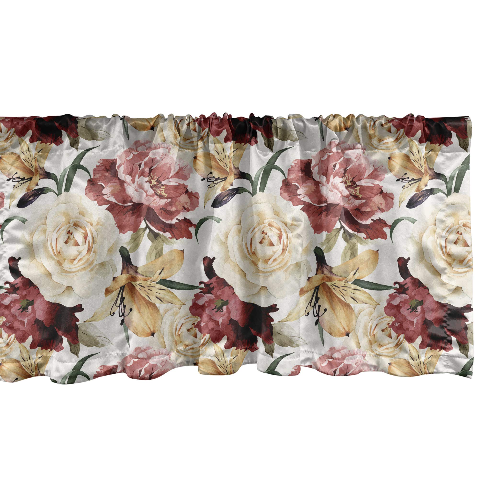 Ambesonne Rose Window Valance - Watercolor Floral Design with Roses & Peonies, Romantic Botanical Curtain Valance for Kitchen & Bedroom Decor, 54x18 Inch, Rod Pocket, Dried Rose Cream Ruby - Perfect for Farmhouse, Cottage & Vintage Style Home Decor