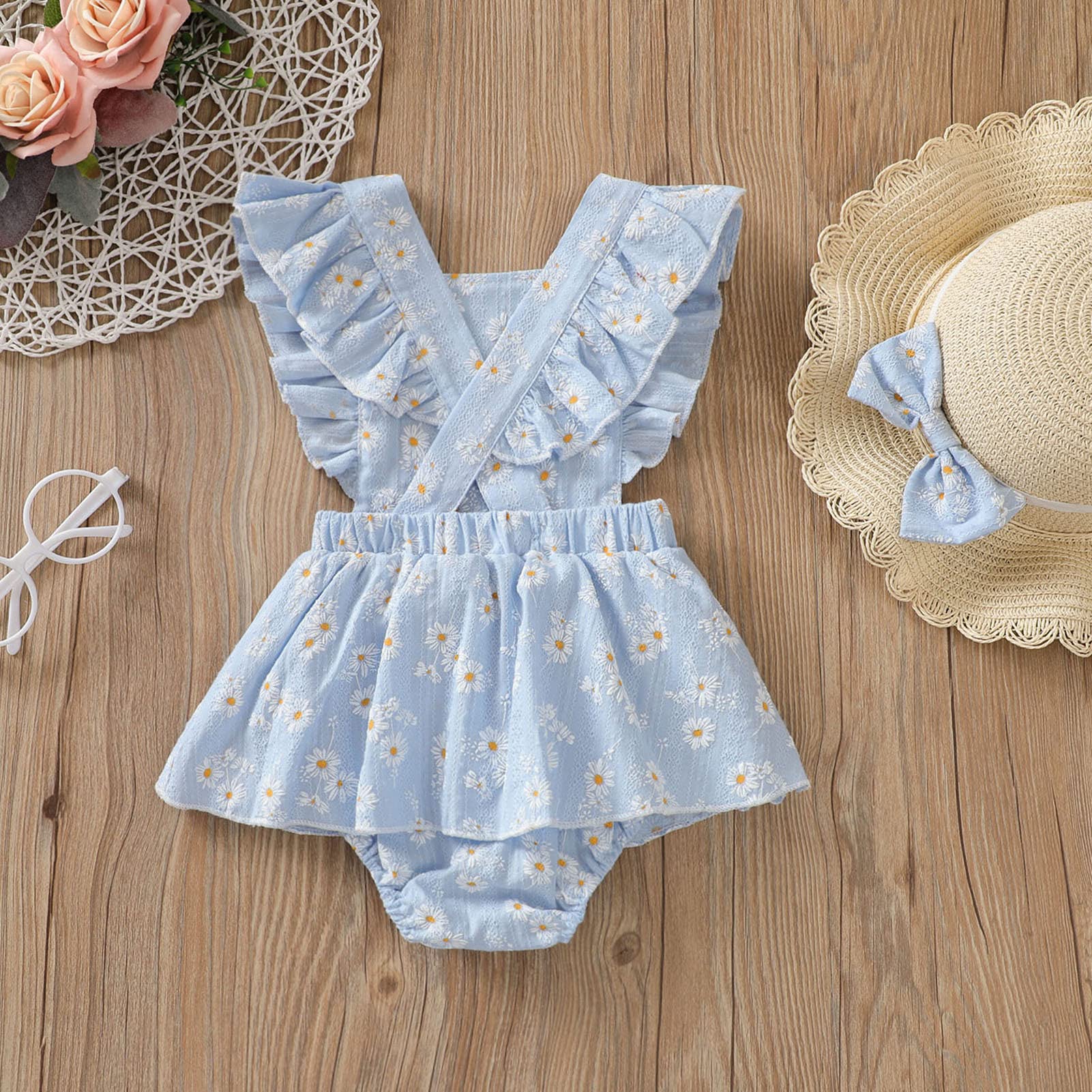 Newborn Baby Girl Daisy Romper Dress - Flutter Sleeve One-Piece Jumpsuit with Headband for Summer Outfits | Perfect for Photoshoots, Parties & Casual Wear