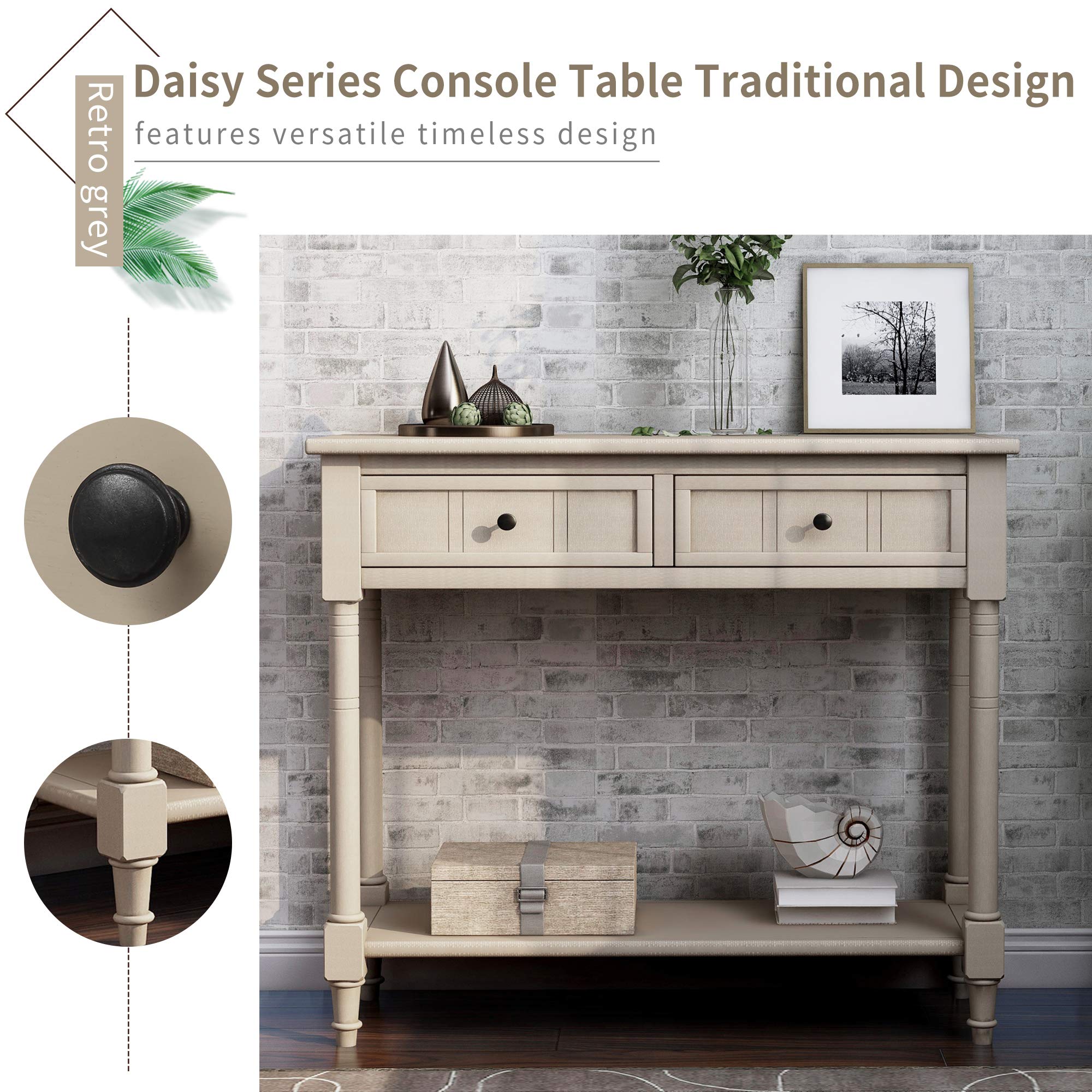 HOUAGI Narrow Console Table with 2 Drawers & Bottom Shelf - Daisy Series Sofa Table for Entryway, Hallway & Living Room - Easy Assembly Antique Gray - Perfect for Small Spaces & Home Decor