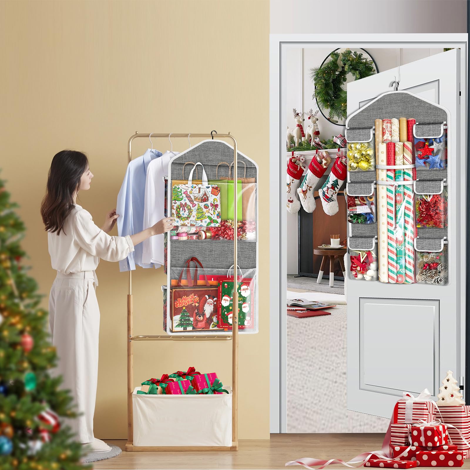 Homyfort Wrapping Paper Organizer Storage - Hanging Gift Bag Storage Container for Christmas, Double Sided Wrapping Paper Organizer (Grey) - Perfect for Holiday Gift Wrapping, Craft Room & Home Organization