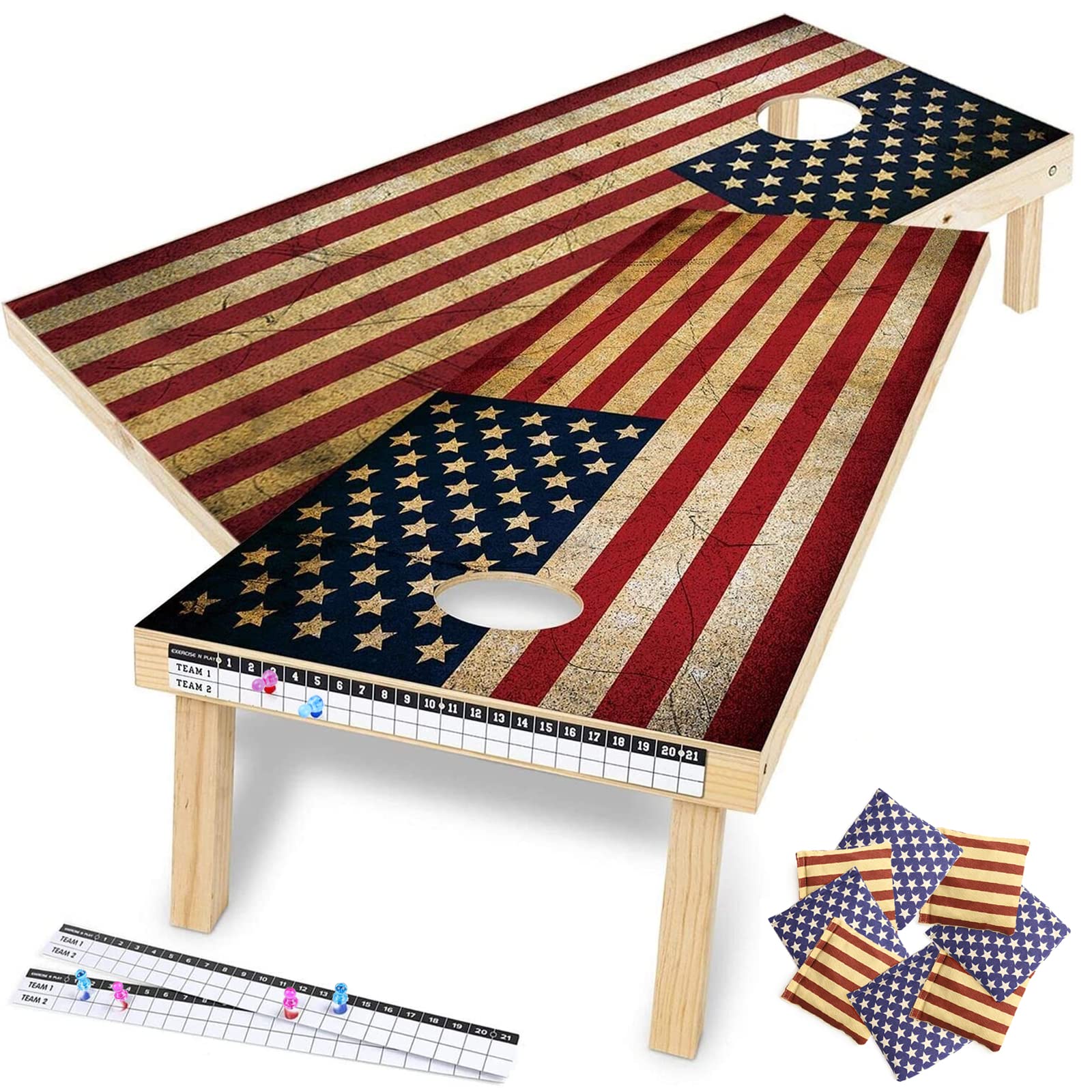Premium 2x4 Ft Regulation Size Wood Cornhole Set - Classic Outdoor Toss Game with American Flag Design, Includes 8 Bean Bags & Magnetic Score Keeper for Backyard Parties, Tailgating and BBQ Events