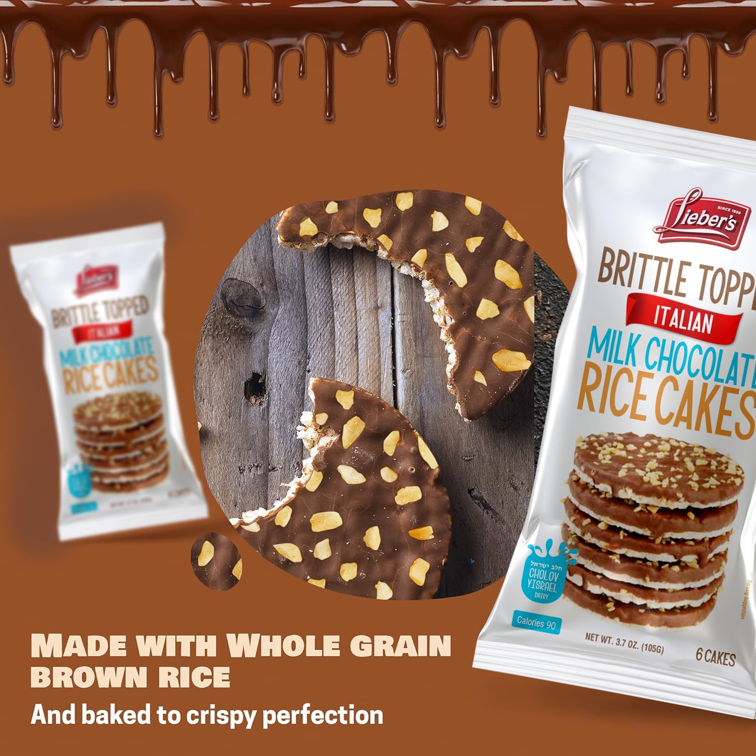 LIEBERS Thin Chocolate Rice Cakes - Kosher Certified, Dairy & Dairy-Free Options, Gluten-Free Snack (6-Pack, Brittle Topped Milk Chocolate) - Perfect for Healthy Snacking, Lunch Boxes & On-the-Go Treats