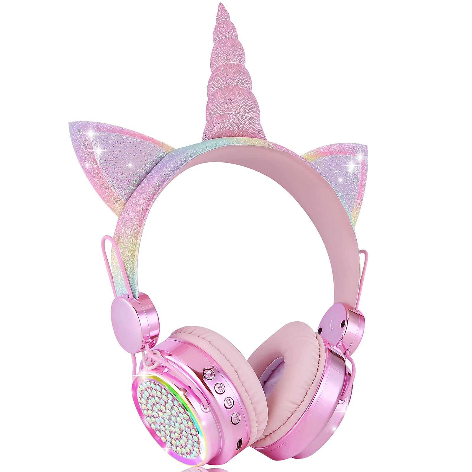 Wireless Bluetooth Headphones for Kids with LED Unicorn Lights - 10H Playtime, Built-in Mic, Music Sync Flashing (Rainbow) - Perfect for Girls' Birthday Gifts, Travel & Online Learning