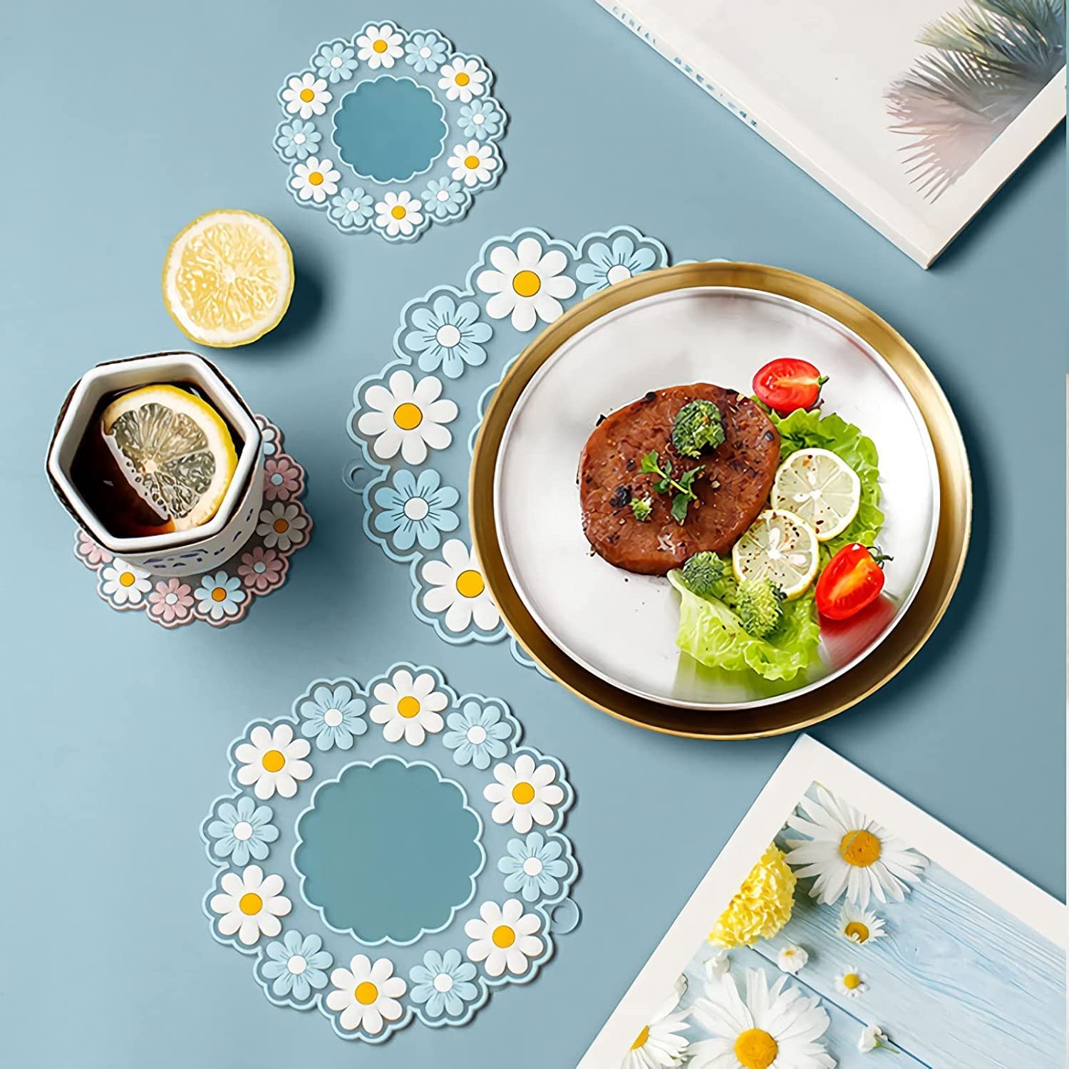 Non-Slip Heat Resistant Silicone Coasters Set of 3 - 10x10cm Round Blue Daisy Flower Design Trivet Mats for Dining Table, Hot Pots, Bowls & Dishes - Perfect for Home, Kitchen, Office and Party Use