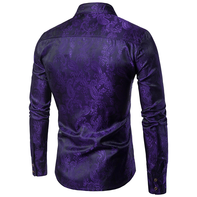 Slim Fit Embroidered Purple Paisley Shirt for Men - Stylish Casual Button Down Top for Office, Party & Date Night Outfits