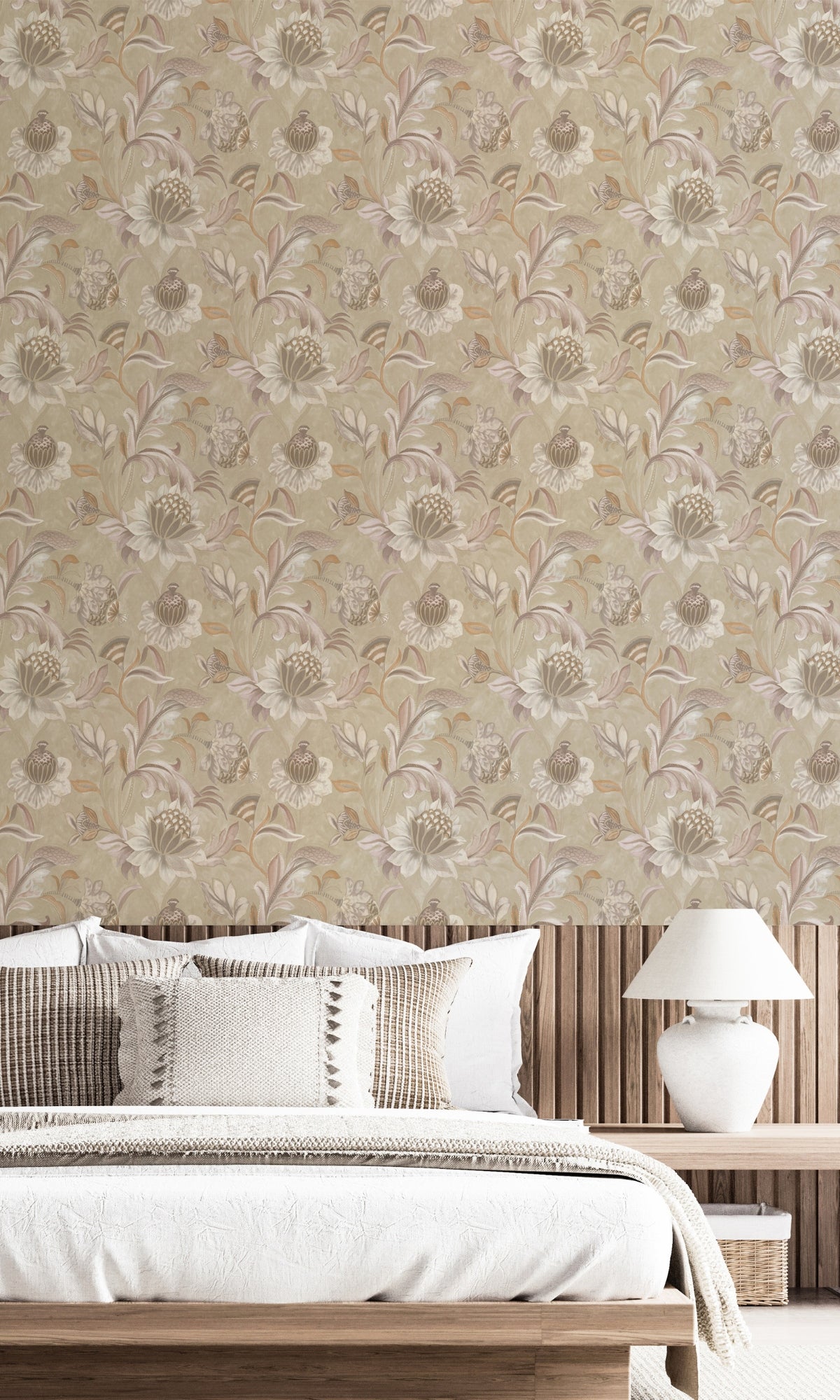 Blush Coral Jacobean Style Floral Wallpaper R8943 - Vintage Botanical Peel and Stick Wallpaper for Bedroom, Living Room, Nursery Decor