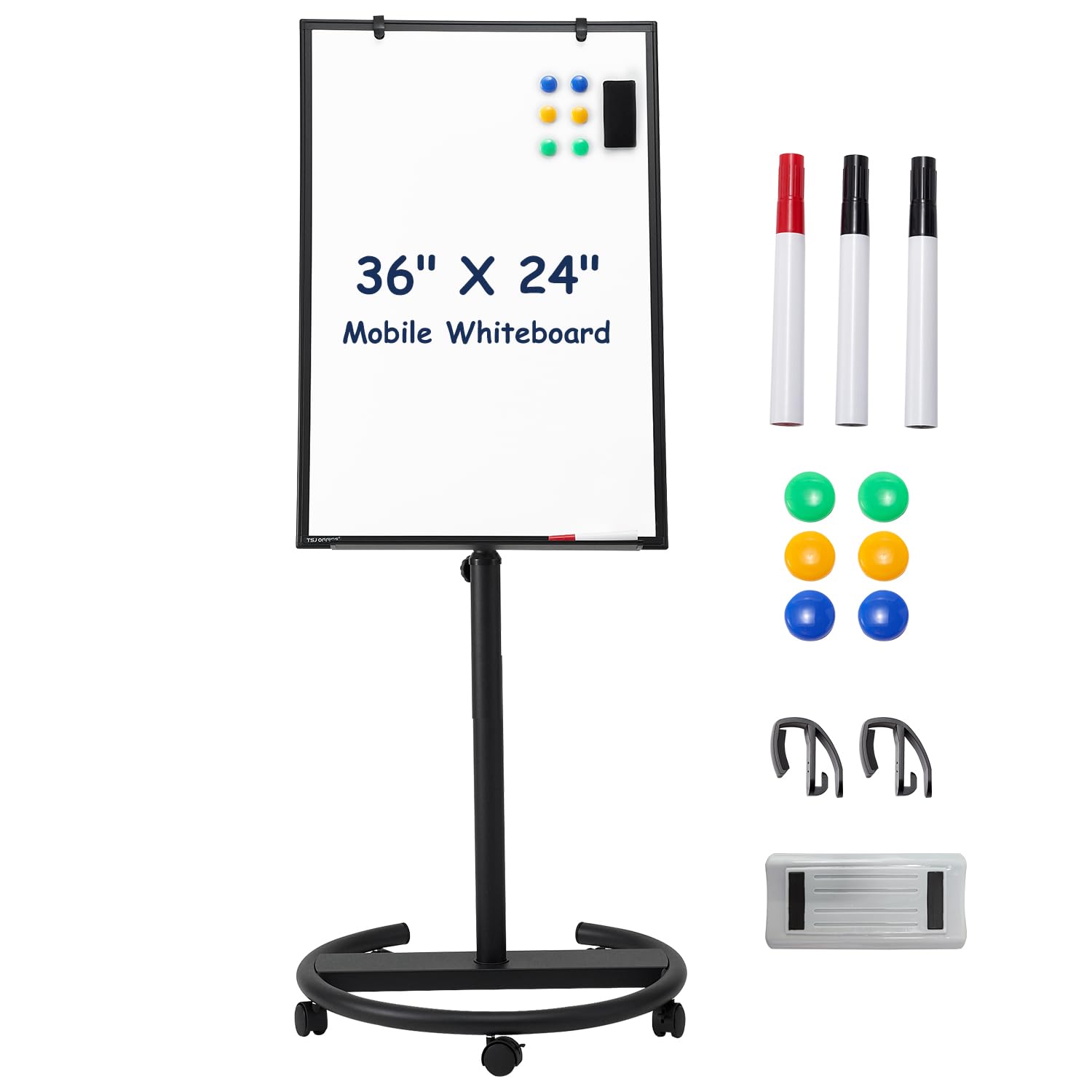 TSJ OFFICE 36x24 Inches Magnetic Dry Erase Whiteboard - Adjustable Height Rolling Mobile Whiteboard with Wheels & Flip Chart Hooks, Black - Perfect for Office Meetings, Classroom Presentations & Home Office Organization
