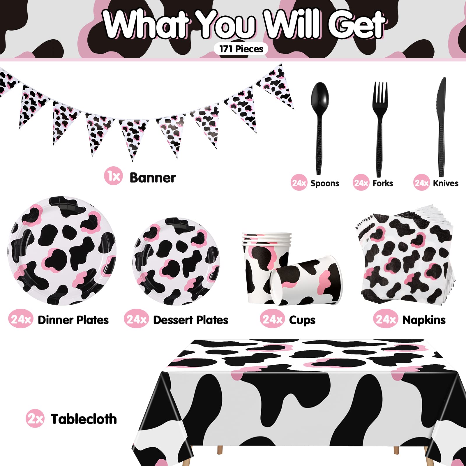 171-Piece Pink Cow Print Party Supplies Set - Plates, Cups, Napkins, Cutlery (24 Settings) with Banner & Tablecloths - Perfect for Cow-Themed Birthday, Baby Shower & Farm Animal Decorations (Great for Kids' Parties, Gender Reveals & Western-Themed Events)
