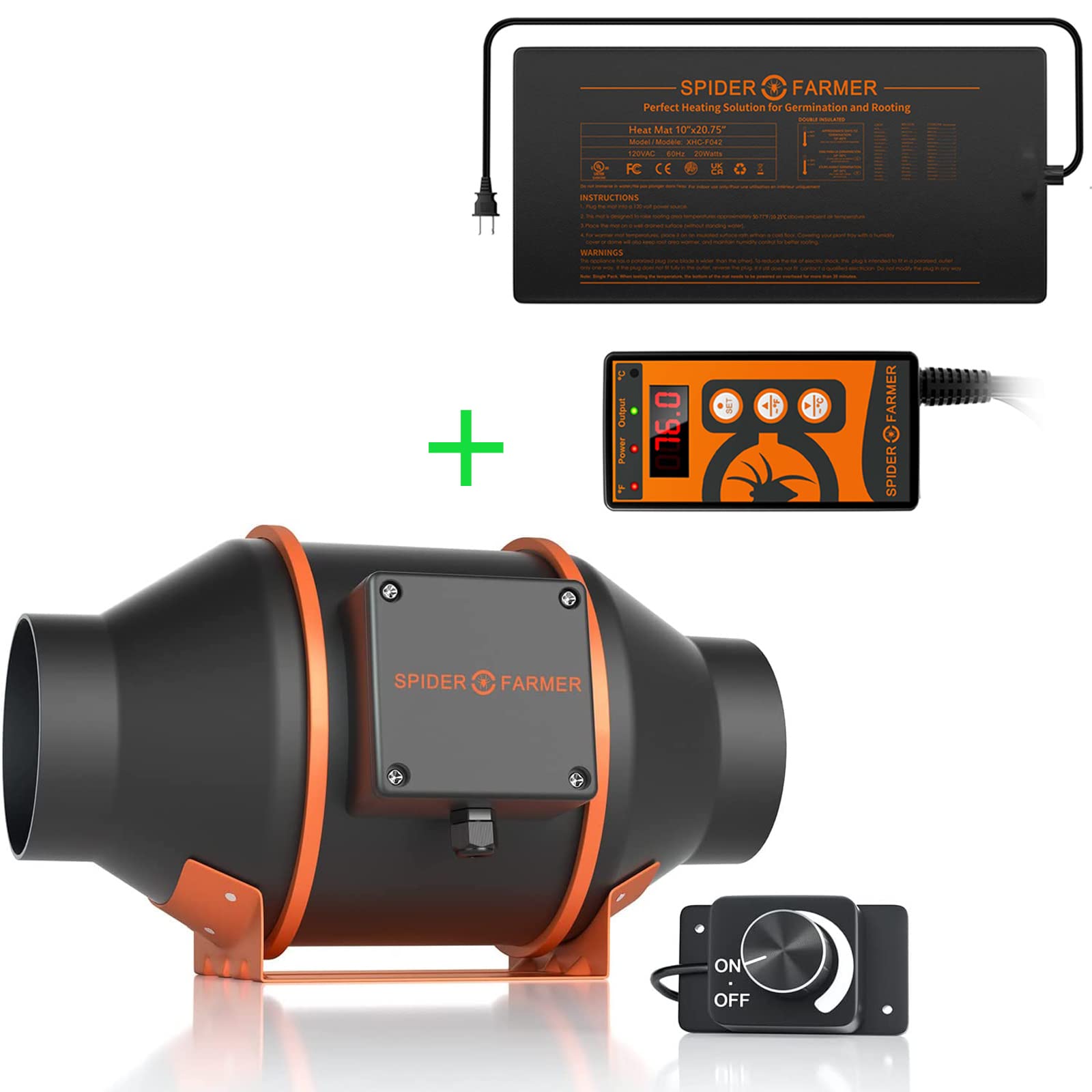 Spider Farmer 4 Inch Inline Duct Fan with Speed Controller & Seedling Heat Mat Kit - Perfect for Indoor Grow Tents, Hydroponics, and Greenhouse Ventilation