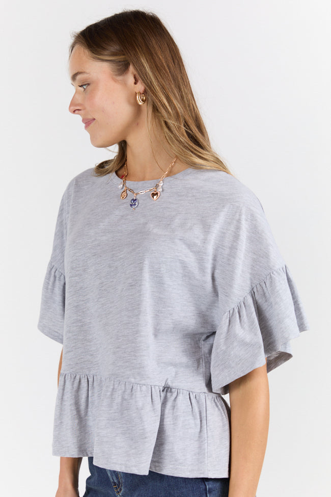 Stylish Grey Knit Ruffle Hem T-Shirt for Women - Soft & Comfortable Casual Top - Perfect for Everyday Wear, Office Outfits and Weekend Brunch