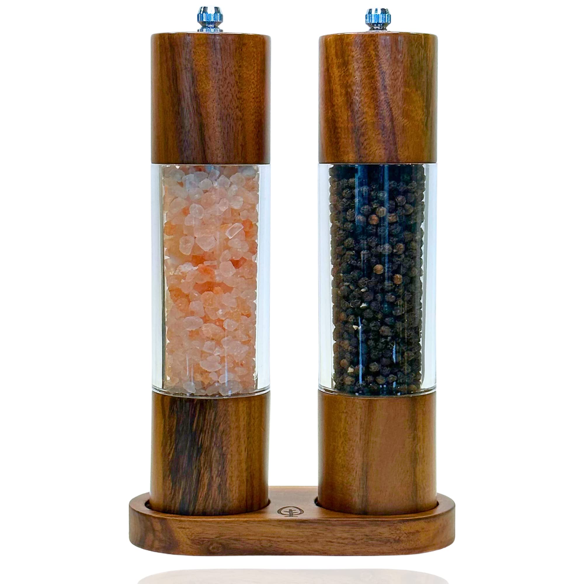 Premium Acacia Wood Salt and Pepper Grinder Set with Wooden Tray - Carbon Steel & Ceramic Core Mill - Adjustable Coarseness - Perfect for Kitchen, Dining Table, and Gift Giving