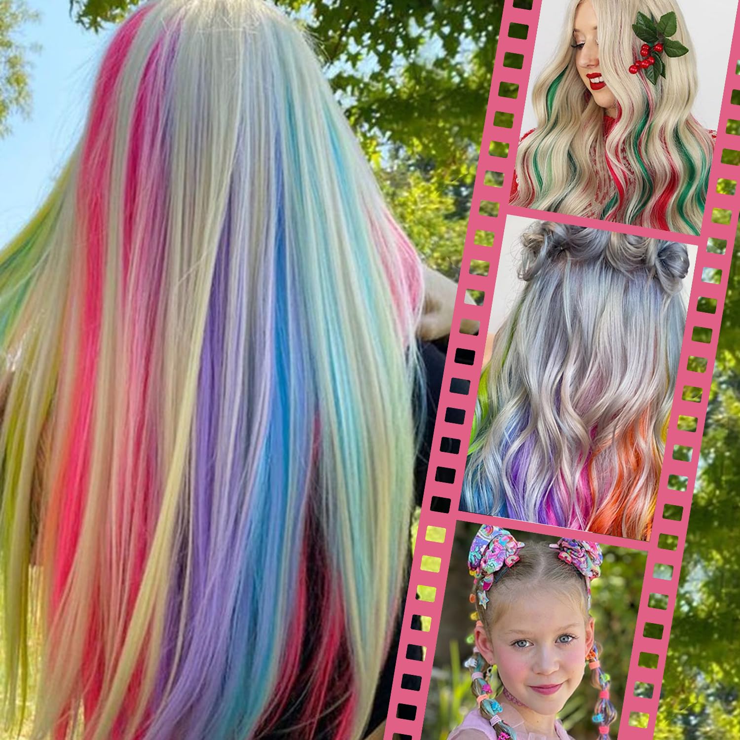 WENNALIFE 12 PCS Hot Pink Clip-in Hair Extensions for Kids - Synthetic Straight Rainbow Hair Highlights for Girls | Perfect for Parties, Cosplay & Colorful Hairstyles