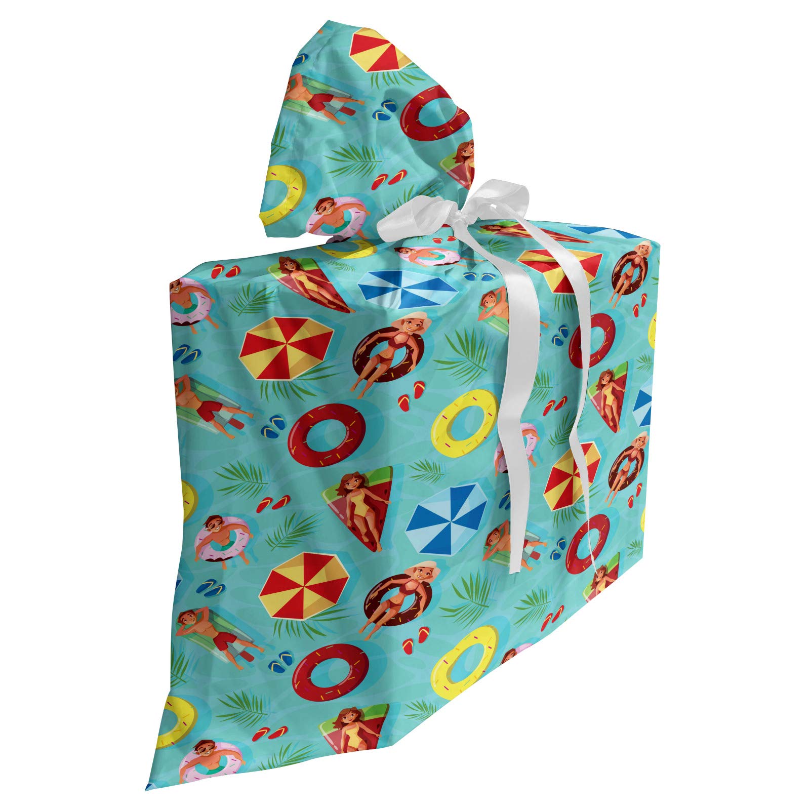 Ambesonne Pool Party Gift Bag - Summer Pool Doodle Design with Funny Swim Float Rubbers, Happy Boys & Girls Fabric Favor Pouch, 3 Ribbons, Multicolor - Perfect for Beach Parties, Birthday Favors & Summer Events