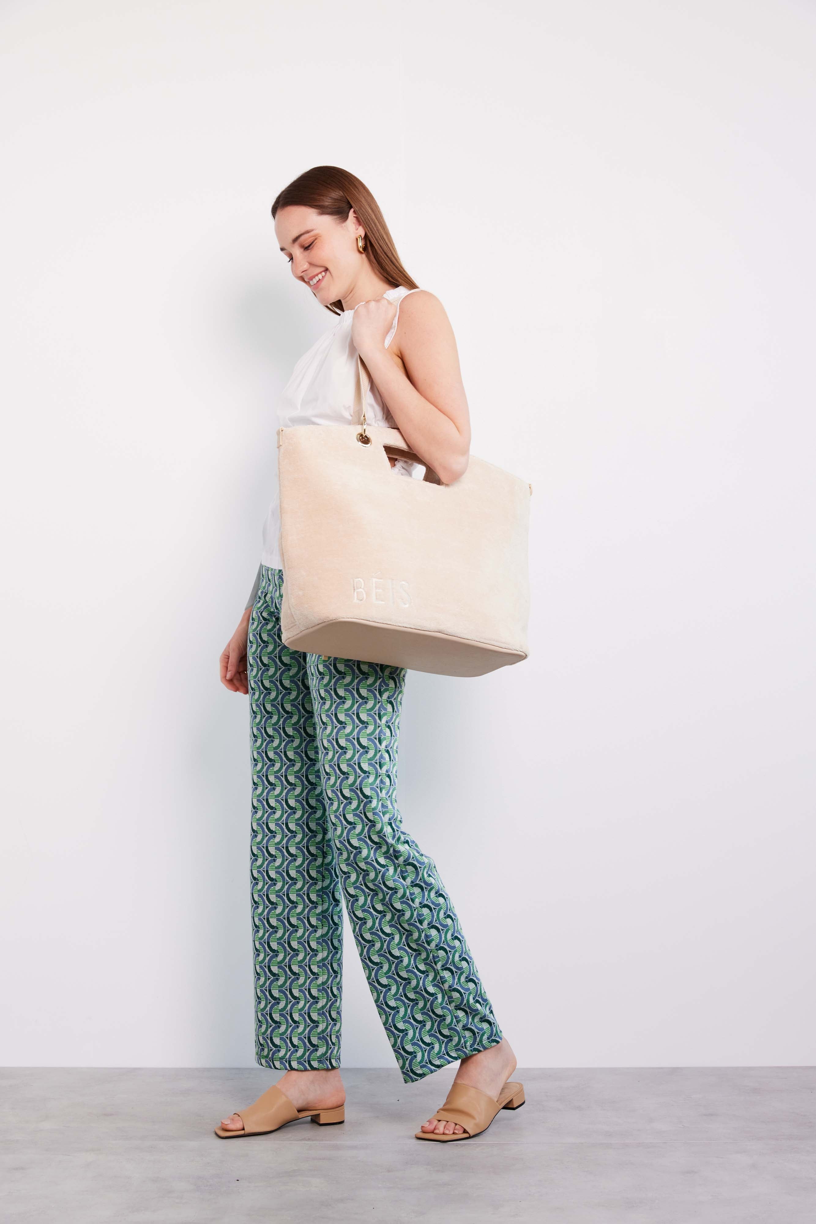 Beige Terry Tote Bag - Soft Cotton Canvas Beach Tote for Women - Perfect for Shopping, Travel & Everyday Use